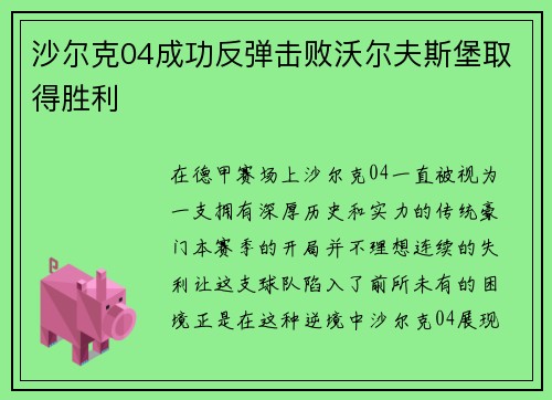 沙尔克04成功反弹击败沃尔夫斯堡取得胜利
