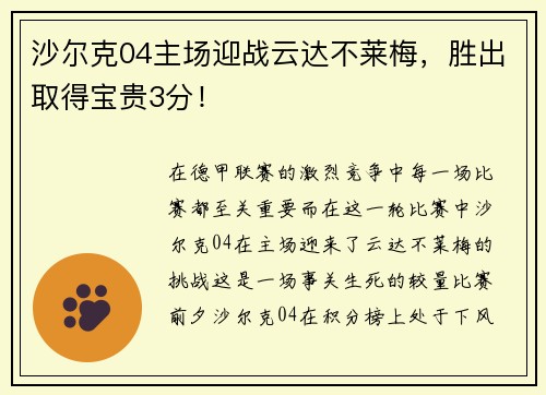 沙尔克04主场迎战云达不莱梅，胜出取得宝贵3分！